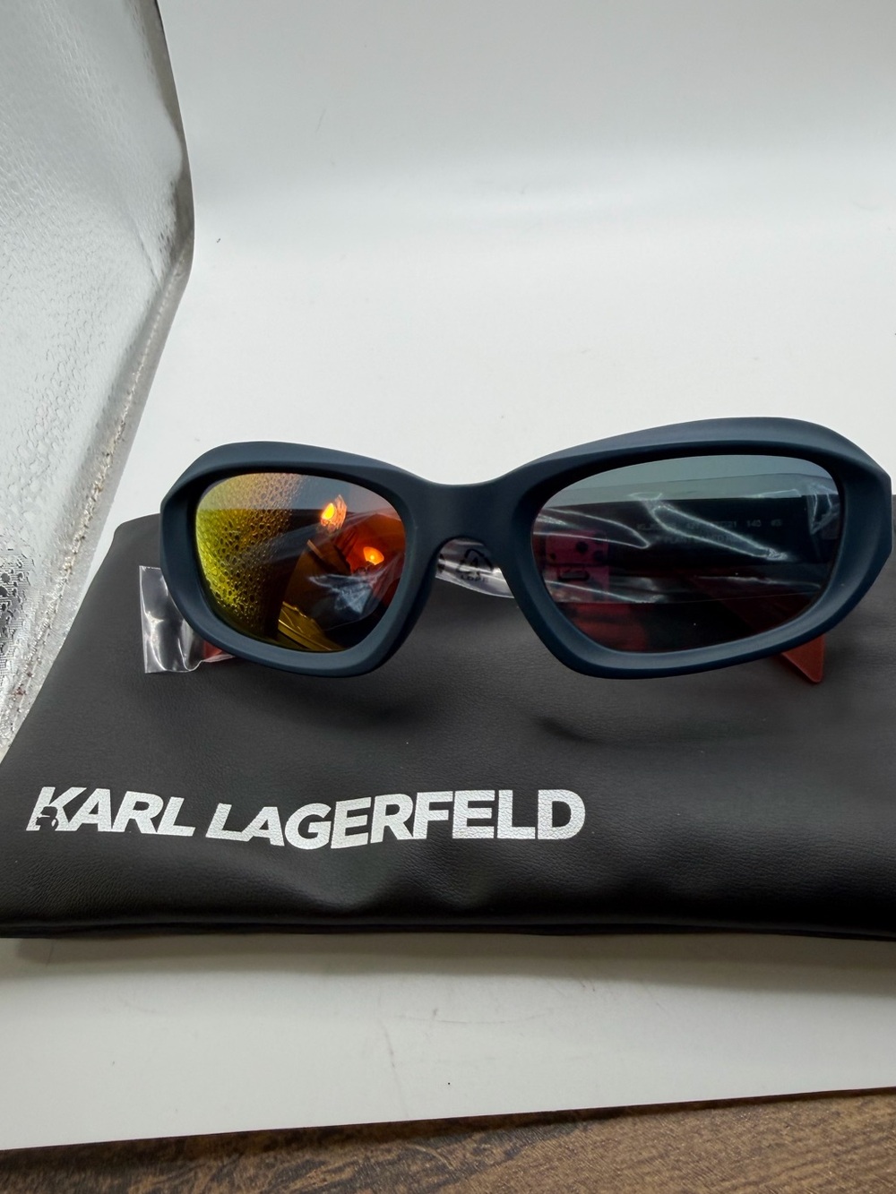 Karl Lagerfeld Matte Navy Frame Sunglasses with Gold Mirrored Lens